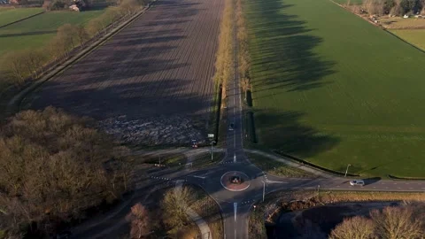 Tranquil Treebordered Street Featuring Circular Junction And Expansive Shadows Stockbeeldmateriaal 325451783