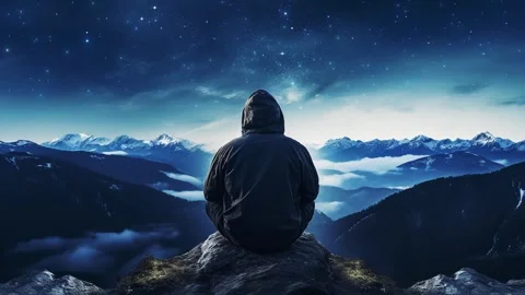 Tranquil twilight scene with man sitting and gazing at mountains Vidéo 268213586