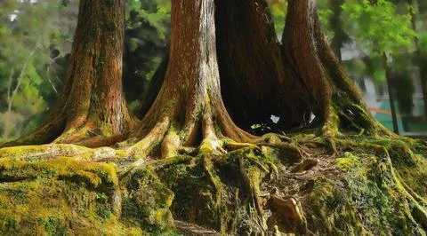 Tranquil view, Clear stripe pattern tree roots and charming warm light . Stock Photos
