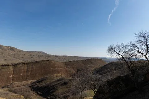 A tranquil view over the rugged terrain of Georgia, with leafless trees silho Stock Photos