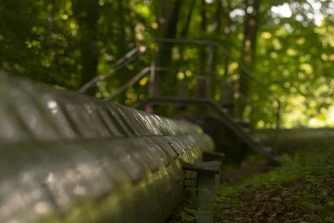 Tranquil walkway bordered by trees and industrial piping nearby Stock Photos