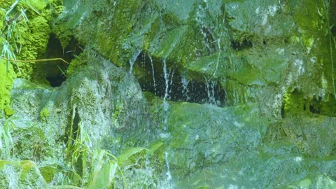 The Tranquil Waterfall Flows Over Moss-Covered Rocks In The Forest Stock Footage 280474778