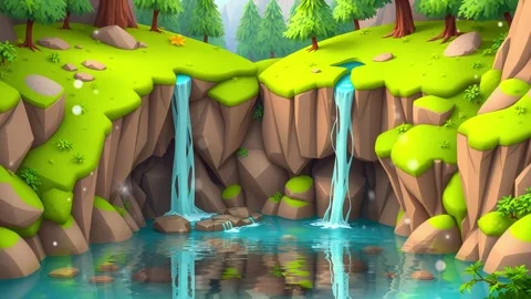 Tranquil Waterfall Grotto: Double waterfall creating a serene pond. Video stock 308846720