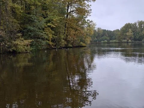 Tranquil waters reflecting fall foliage and sky, quiet pond with reflected Stock Photos