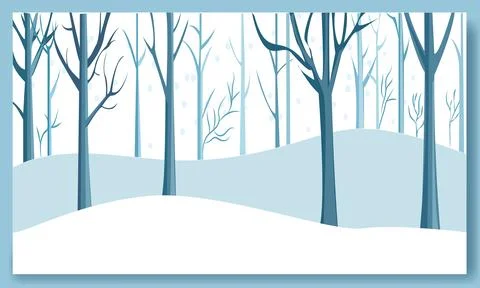 A tranquil winter landscape features snow-covered hills and bare trees against a Stock Illustration