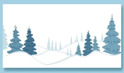 A tranquil winter landscape with rolling snowy hills and clusters of evergreen Stock Illustration