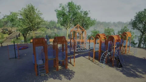 Tranquil wooded playground with natural elements for children and planners Stock Footage 329941637