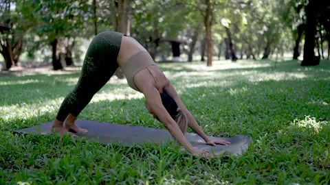 Tranquil yoga practice in a green space. A serene woman who finds balance. Stock Footage 253385427