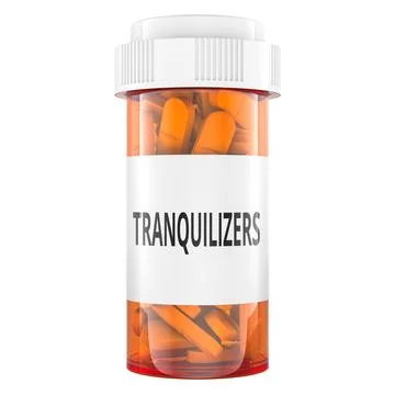 Tranquilizers, medication bottle with tablets. 3D rendering Stock Illustration
