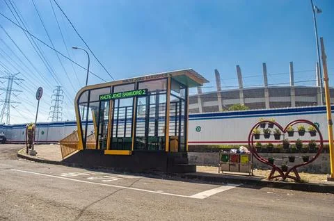 A Trans East Java bus stop or shelter with the Gelora Joko Samudro Gresik s.. Stock Photos
