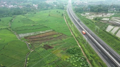Trans-Java highway slash into extensive paddy rice cultivation area Stock Footage 277104979
