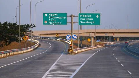 Trans Java toll road at noon. There are signs for the city of Cepu, Magetan.. Stock Photos