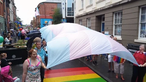 Trans Marchers Waving Banner Gay Pride Nottingham Stock Footage