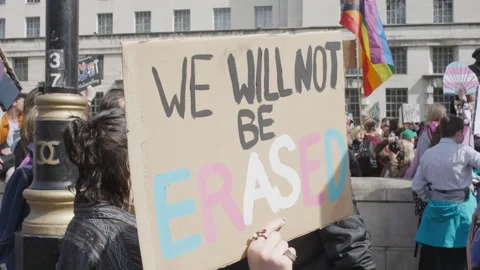 Trans protest banner 'We Will Not Be Erased' 動画素材 259688353