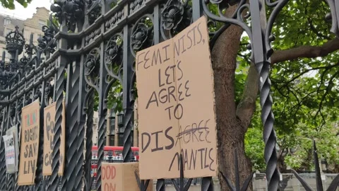 TRANS RIGHTS PROTEST PLACARD SAYS FEMINISTS LET'S AGREE TO DISMANTLE, LONDON, 4K Stock Footage 134354936