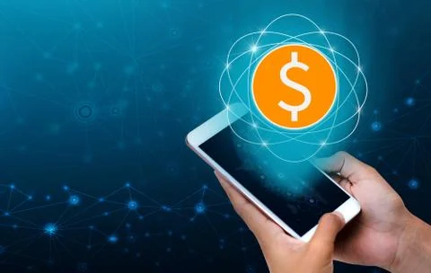 Transactio payment technology making online mobile phone phone hand Businessp Stock Photos