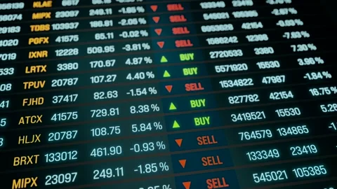 Transaction data on the screen, buy and sell signs for current trades. Stock Footage 280468420
