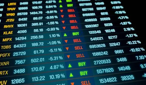  Transaction data on the screen, buy and sell signs for current trades. Br... Fotos de archivo