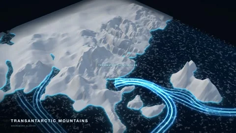 Transantarctic Mountains 3D White Terrain Relief Map With Glowing Route And Vídeos de archivo 343392811