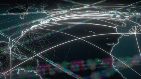 Transatlantic Internet Backbone Glowing On A Dark Macro World Map Stockbeeldmateriaal 343248718