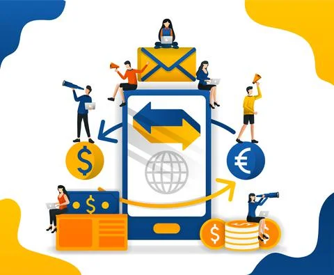 Transfer and send money with application. trade between currencies. forex tra Stock Illustration