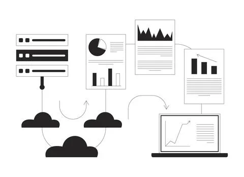 Transfer data analytics from server to laptop line illustration concept Stock Illustration