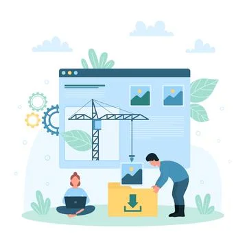 Transfer file system, tiny people and construction crane upload document, image イラスト素材