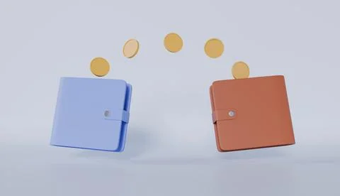 Transfer of gold coins between two wallets floats concept of business Stock Illustration