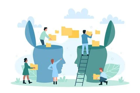 Transfer of knowledge, skills and information by tiny people, data communication Illustrazione stock
