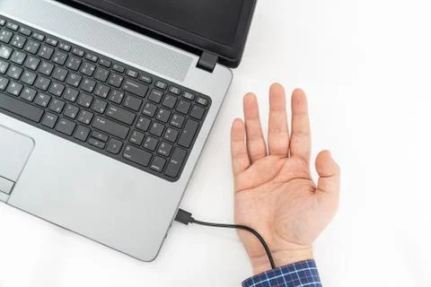 Transfering data concept with bionic hand with cable Stock Photos