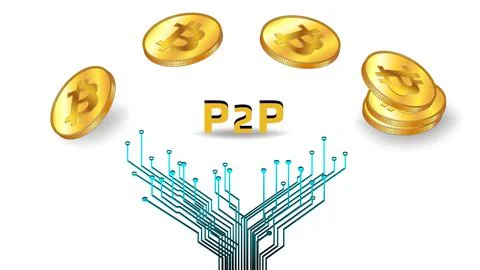 Transferring cryptocurrency bitcoin BTC peer to peer P2P. Flying BTC coins Stock Illustration