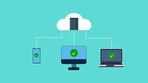 Transferring data from cloud server to computer devices vector. Cloud server  Stock Illustration