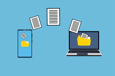 Transferring documents from a mobile to a laptop vector. Data transformation  库存插图