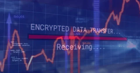 Transferring encrypted data and receiving text over financial graph animation Stock Footage 304646064