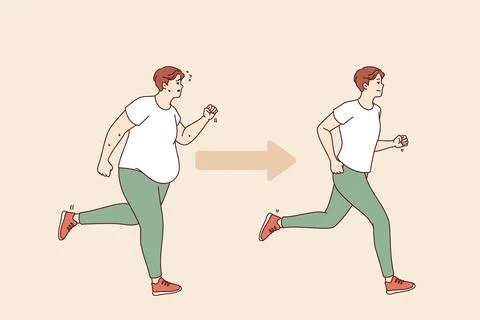 Transformation of fat man turning into thin person, thanks to morning jogging Stockillustratie