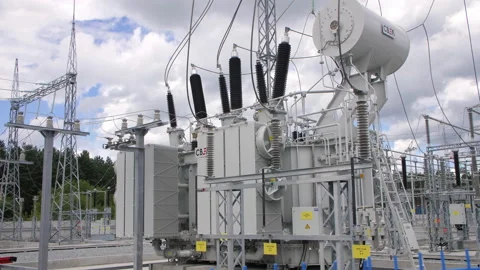 Transformer block with insulators and logo at substation Stock Footage 153752213