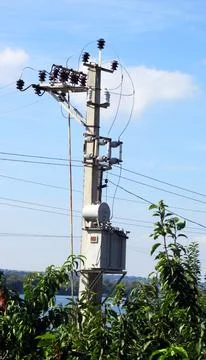 Transformer booth with electrical cables and ceramic, porcelain insulators Stock Photos
