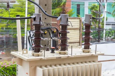Transformer High voltage electrical on pole Stock Photos
