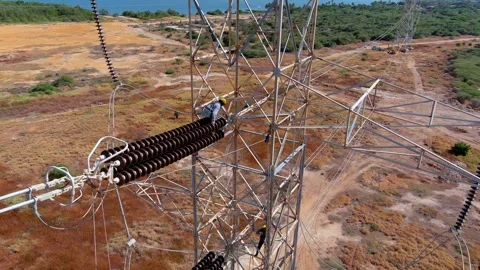 Transformer installation on a high voltage power electricity line rural Stock Footage 341097972