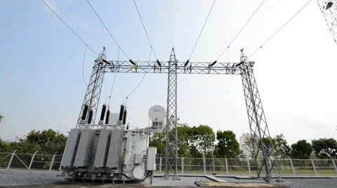 Transformer station and the high voltage electric pole Stock Footage 37863520