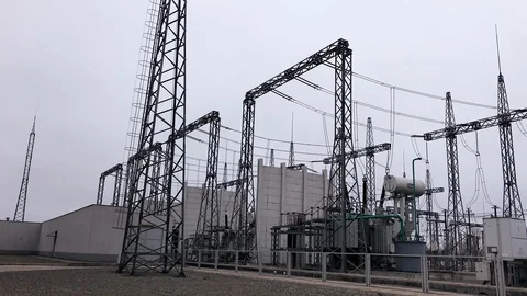 Transformer substation with power lines. Electricity Substation, Power Line Stock Footage