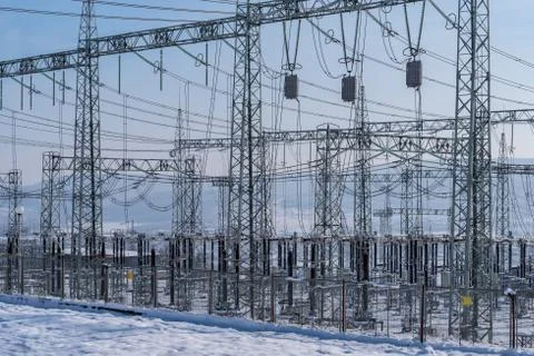 Transformer substation in the winter. Foto stock