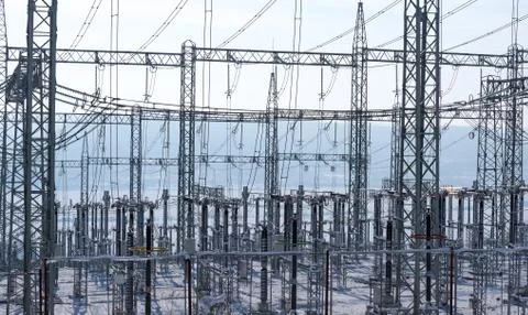 Transformer substation in the winter. Stock Photos