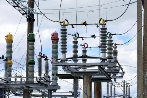 Transformer transformer with ceramic insulators. Stock Photos