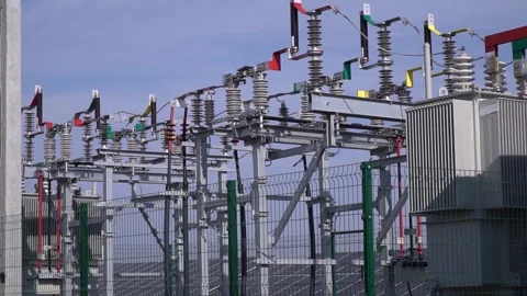 Transformers and steel structures at a solar power station, electricity Stock Footage 158687104