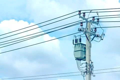 Transformers are on the daylight pole. Stock-Fotos