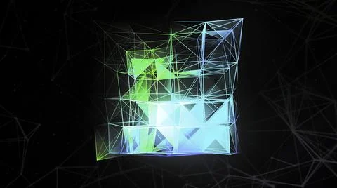 Transforming 3D cube silhouette from narrow lines and dots. Motion. Abstract Stock Illustration