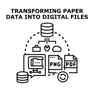 Transforming paper data into digital files concept illustration Stock Illustration