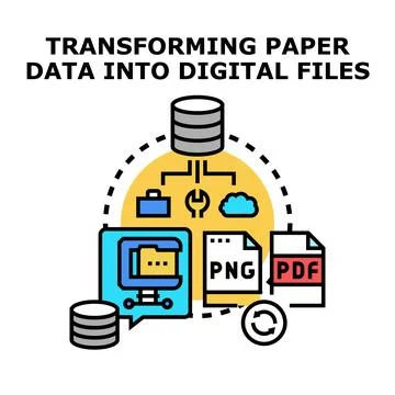 Transforming paper data into digital files concept illustration Stock Illustration