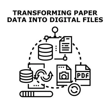 Transforming paper data into digital files process Stock Illustration